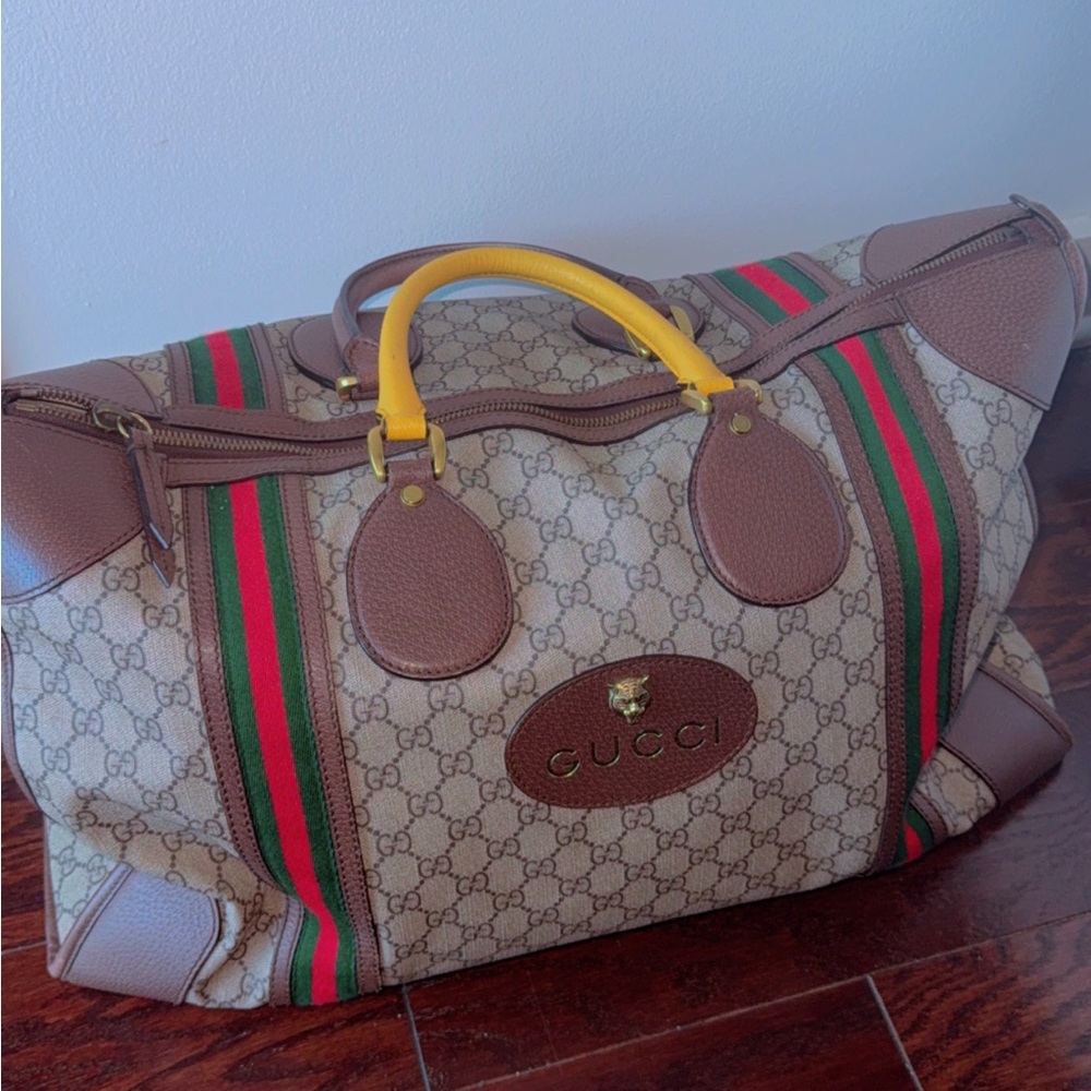 Gucci Beige and Brown Duffel Bag with Yellow Accents